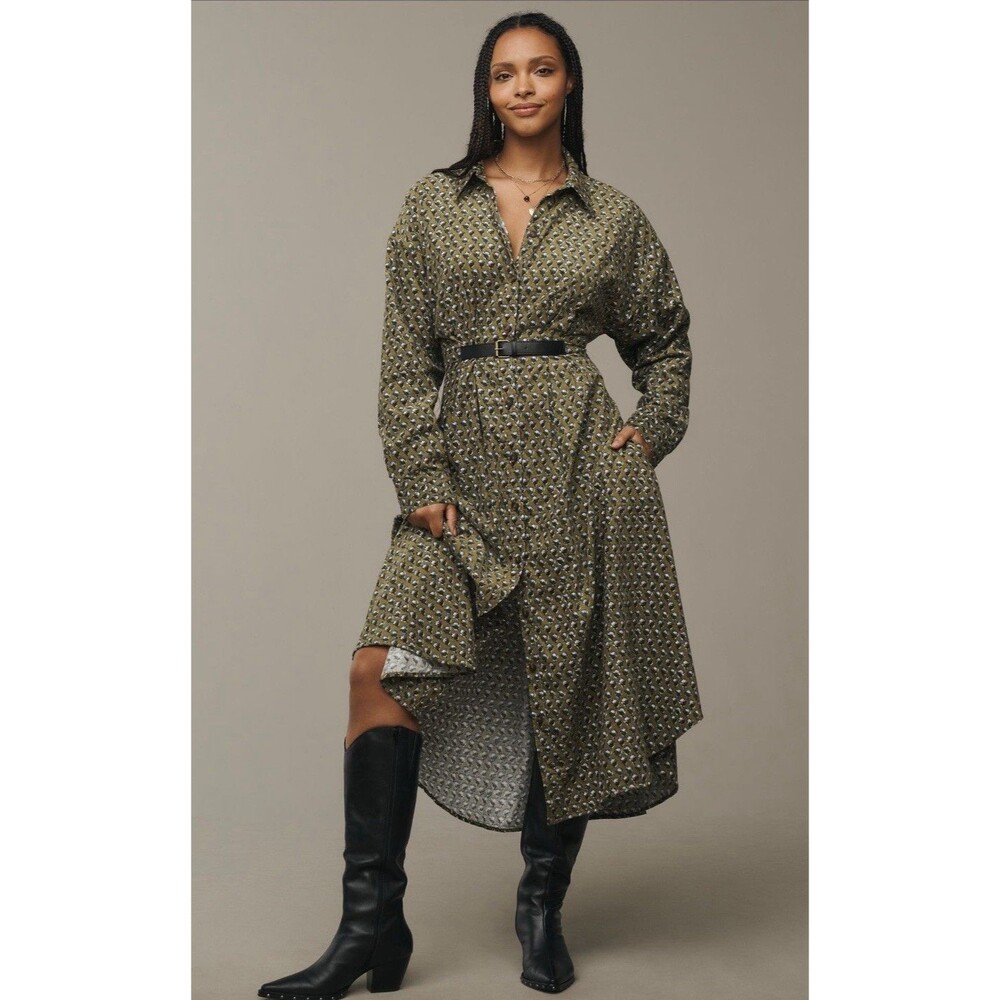 Anthropologie Shirt Dress Women Green Belted Corduroy Midi Retro Boho Sz 10 NWT